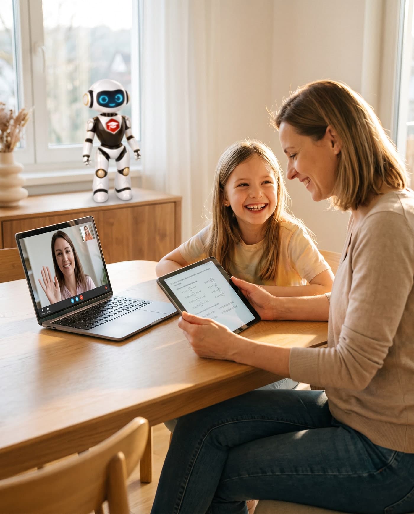 Eine Mutter und ihre Tochter sitzen am Esstisch, das Mädchen zeigt lachend eine gelöste Aufgabe auf dem Tablet; auf dem Laptop winkt eine Lehrperson im Videocall, SkillBot steht im Hintergrund auf dem Sideboard